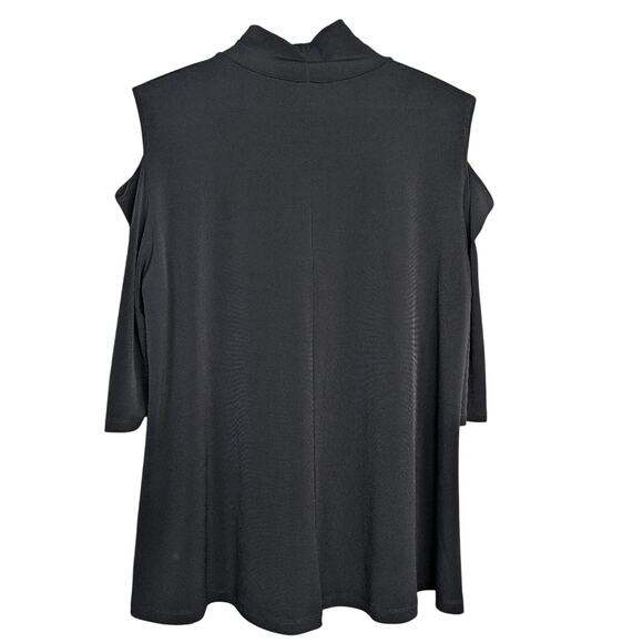 Clara Sun Woo Black Cold Shoulder Top L Mock Neck Tunic Jersey Knit Stretch - Picture 10 of 11